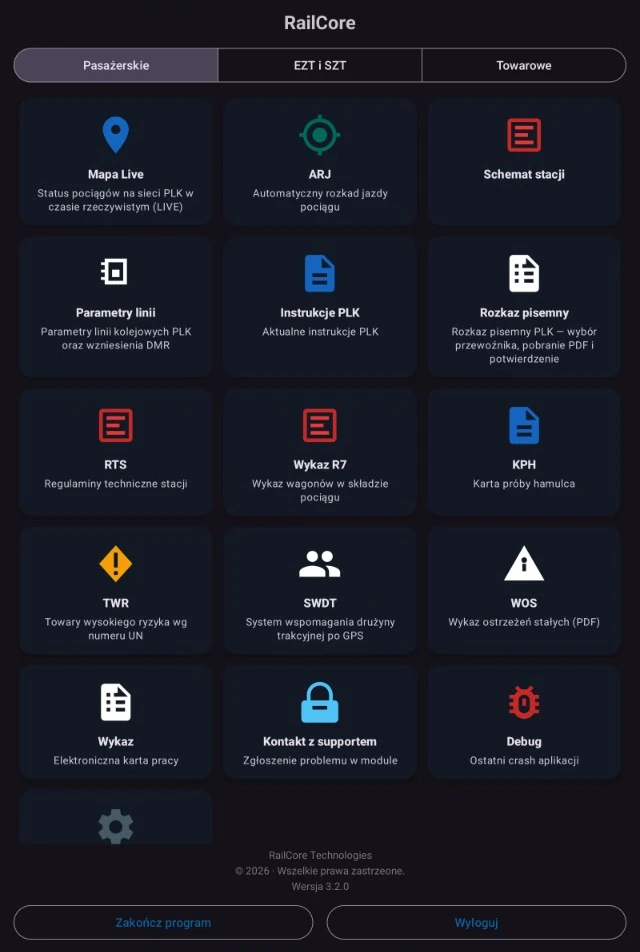 Menu aplikacji RailCore z kaflami modułów: Mapa Live, ARJ, Schemat stacji, Parametry linii, Instrukcje PLK, Rozkaz pisemny, RTS, Wykaz R7, KPH, TWR, SWDT, WOS