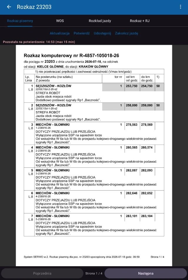 Rozkaz komputerowy SERWO2 wyświetlony w aplikacji, z licznikiem czasu na potwierdzenie odbioru